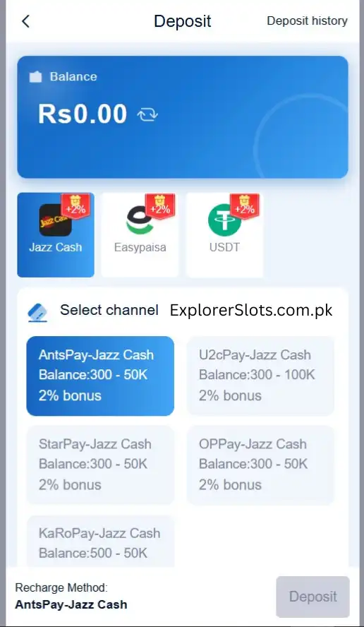 Official KK Eagle deposit guide on Explorerslots, showing how to add funds using JazzCash and EasyPaisa for Pakistani players with minimum deposit details.