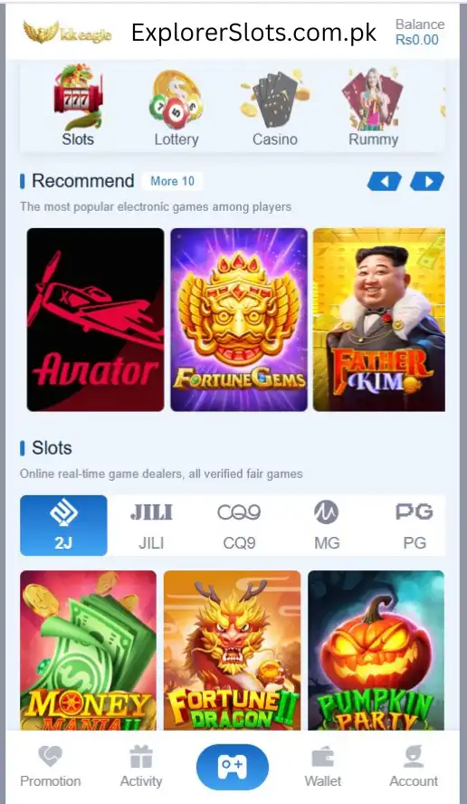 Comprehensive Explorerslots KK Eagle games list, featuring Teen Patti, Rummy, Slot machine jackpots, Crash, Mines, and Fishing games in Pakistan.