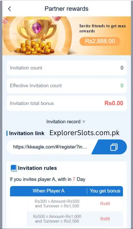 KK Eagle agent referral system dashboard on Explorerslots, highlighting the KK Eagle referral commission and invite and earn program for users in Pakistan.
